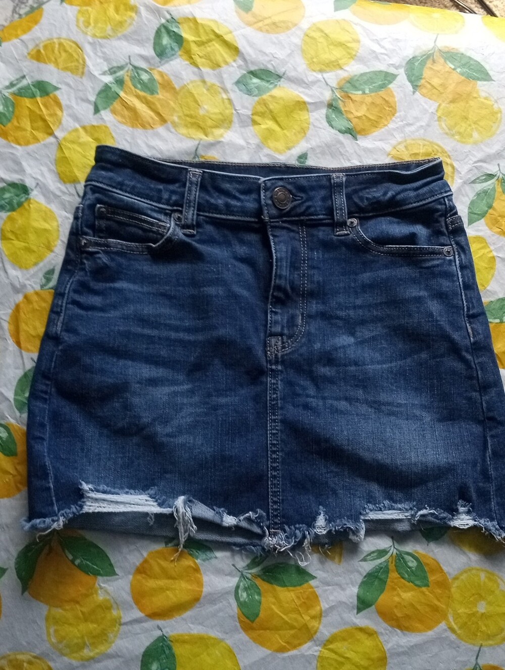 American Eagle Outfitters Dark Blue Denim Mini Skirt with Frayed Hem